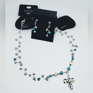 Elephant Pendant Necklace withTurquoise Beads & S925 Stud Earrings